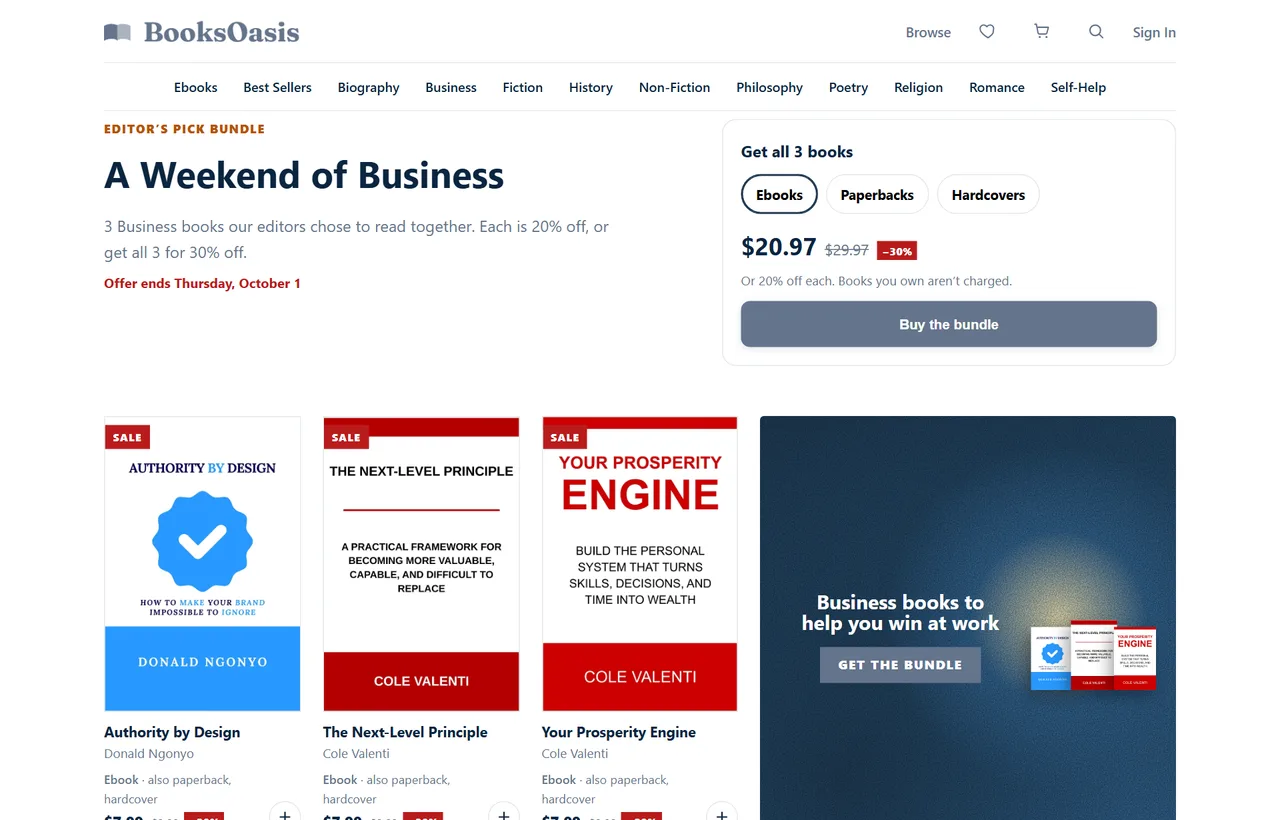 A BooksOasis Editor's Pick bundle page for A Weekend of Business, with three books, a format choice and the bundle price shown against the regular price
