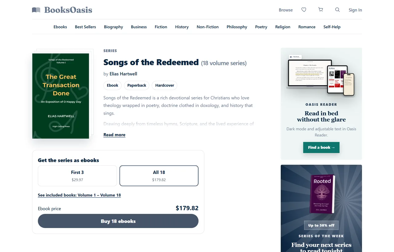 A BooksOasis series page with options to buy the first three ebooks or all 18 ebooks in the Songs of the Redeemed series