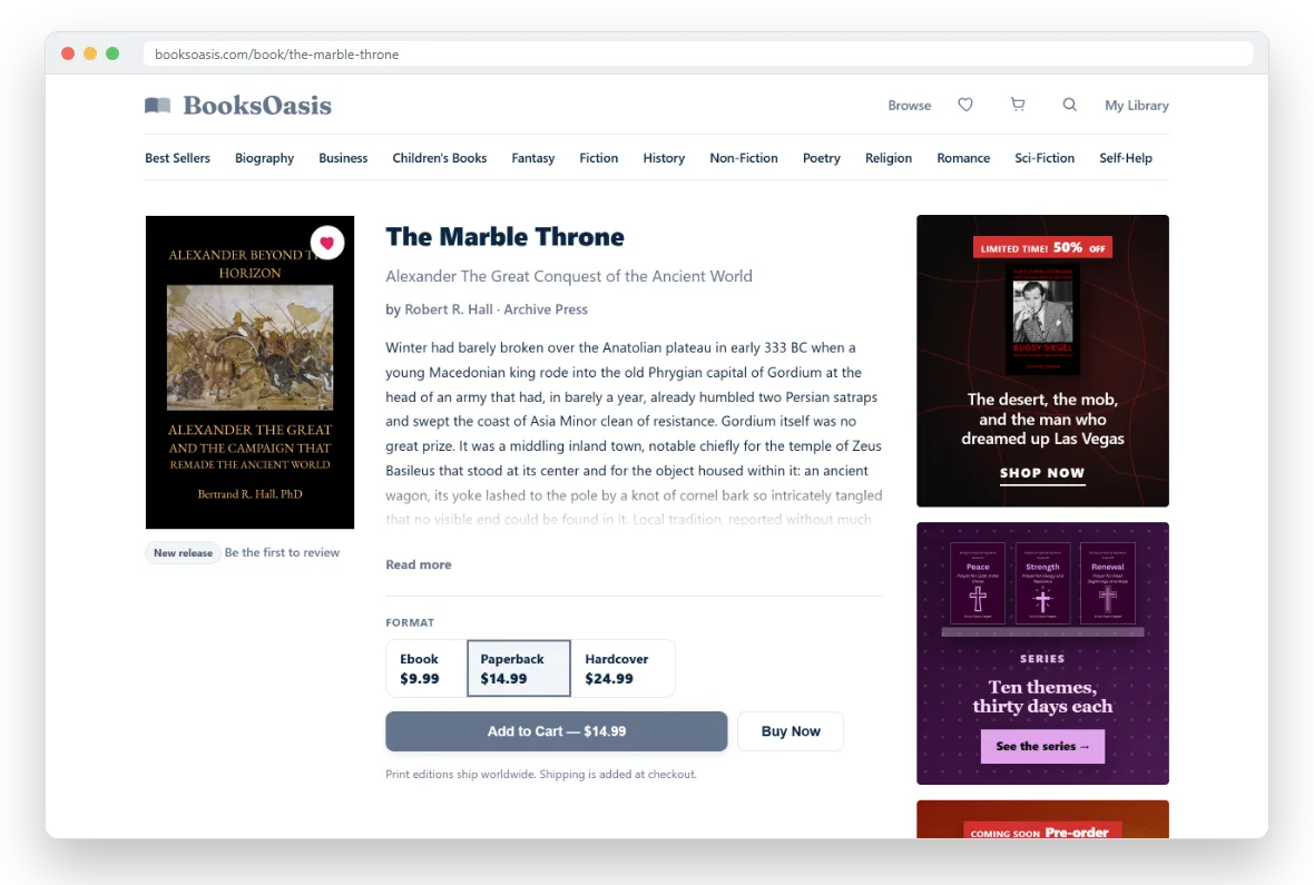 A book page with Ebook, Paperback and Hardcover format buttons, each with a price, above the Add to Cart and Buy Now buttons