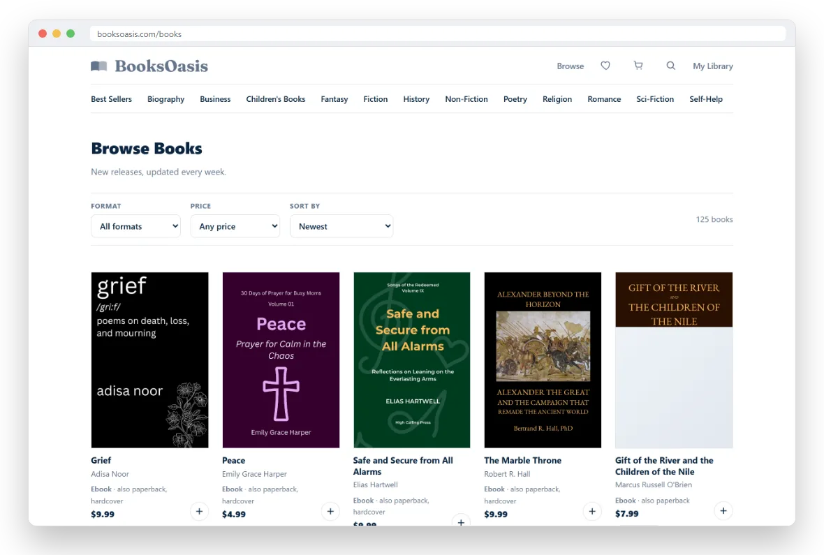 The Browse Books page with the Format, Price and Sort by filters above a grid of books
