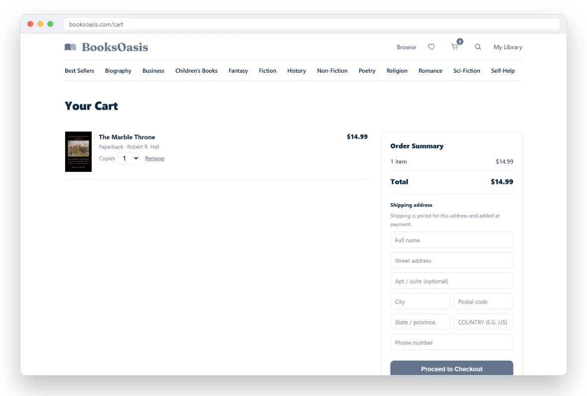 The Your Cart page with books listed on the left and the order summary with shipping address fields on the right