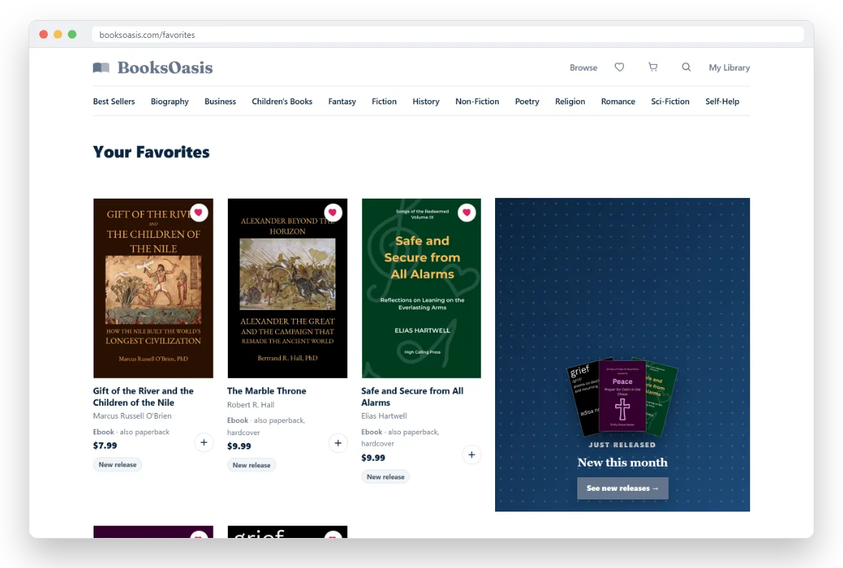 The Your Favorites page showing saved books in a grid