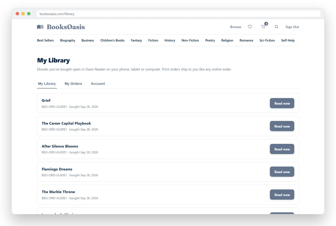 The My Library page with the My Library, My Orders and Account tabs and a list of ebooks with Read now buttons