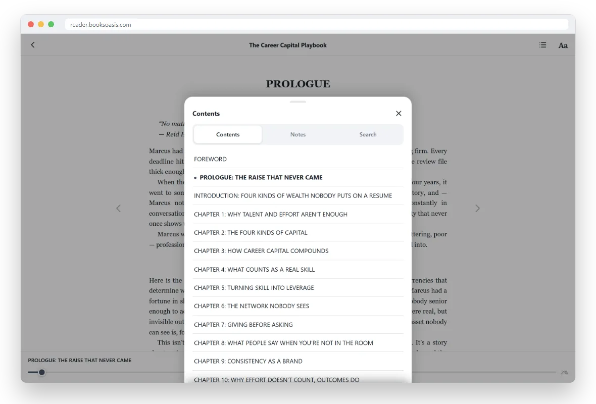 The Contents panel listing the book's chapters, with the current chapter marked