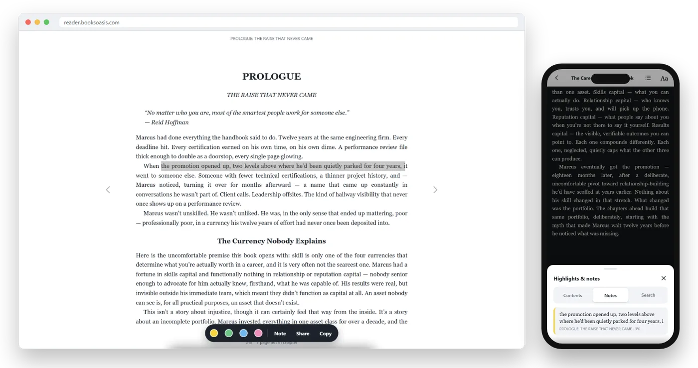Selected text with the highlight toolbar on a computer, and the Highlights and notes list on a phone