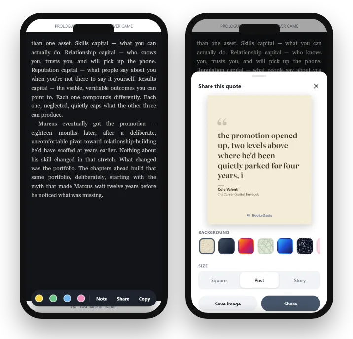 A selected passage on a phone, and the Share this quote panel with a quote image preview, background choices and sizes