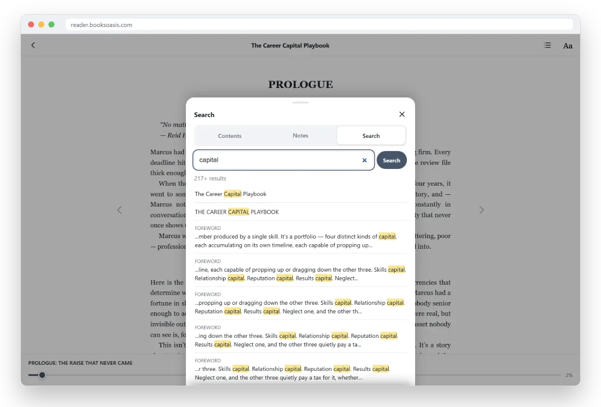 The Search tab showing results for a word, each with a highlighted snippet