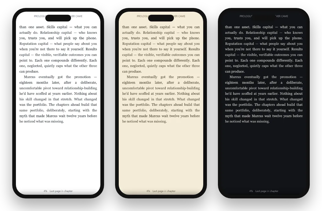 The same page shown on three phones in the Light, Sepia and Dark themes